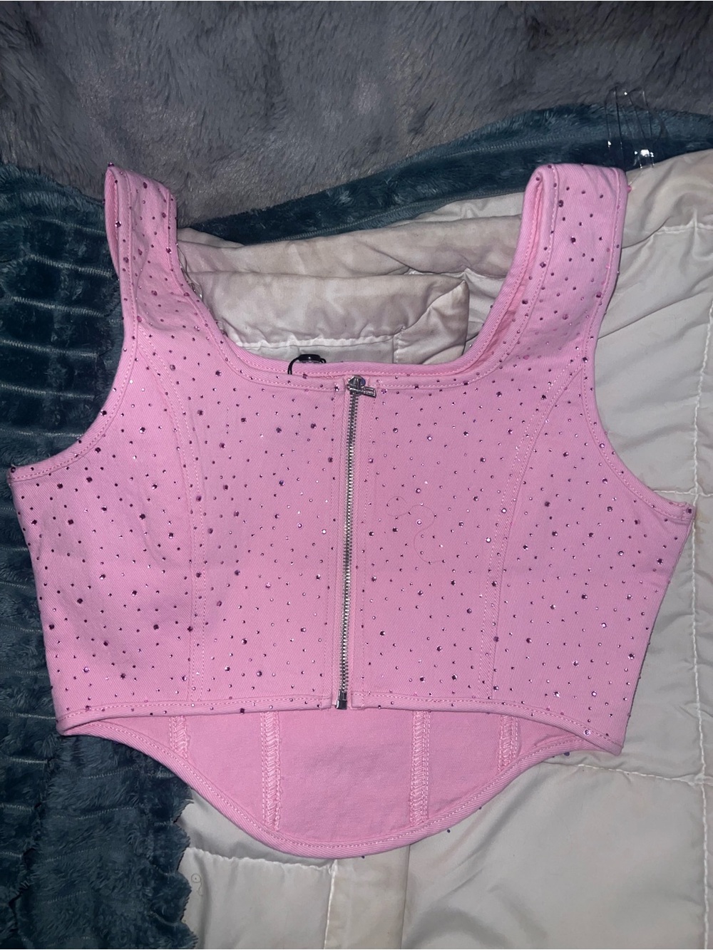 Pink Jean Rhinestone Bustier Crop Top zip back women’s Large - Picture 8 of 8
